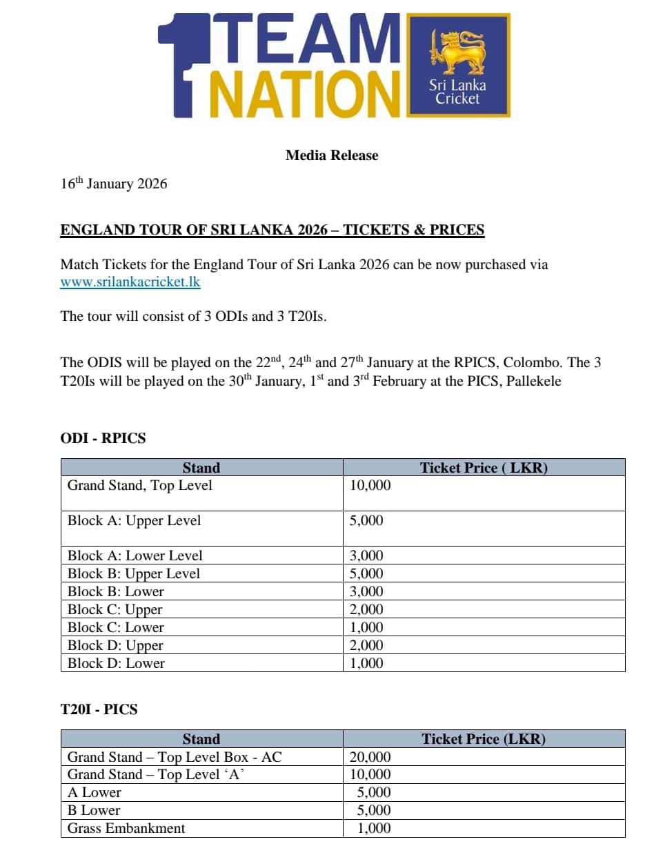 England Tour of Sri Lanka 2026 Tickets
